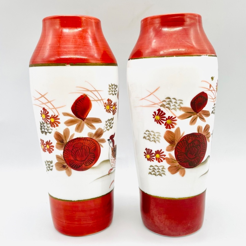 Japanese Kutani Style Milk Glass Vase Pair Bird Floral Red Gold 8" - Picture 4 of 6